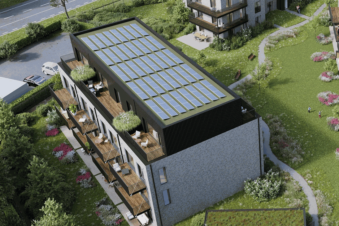 Modern green building with solar panels